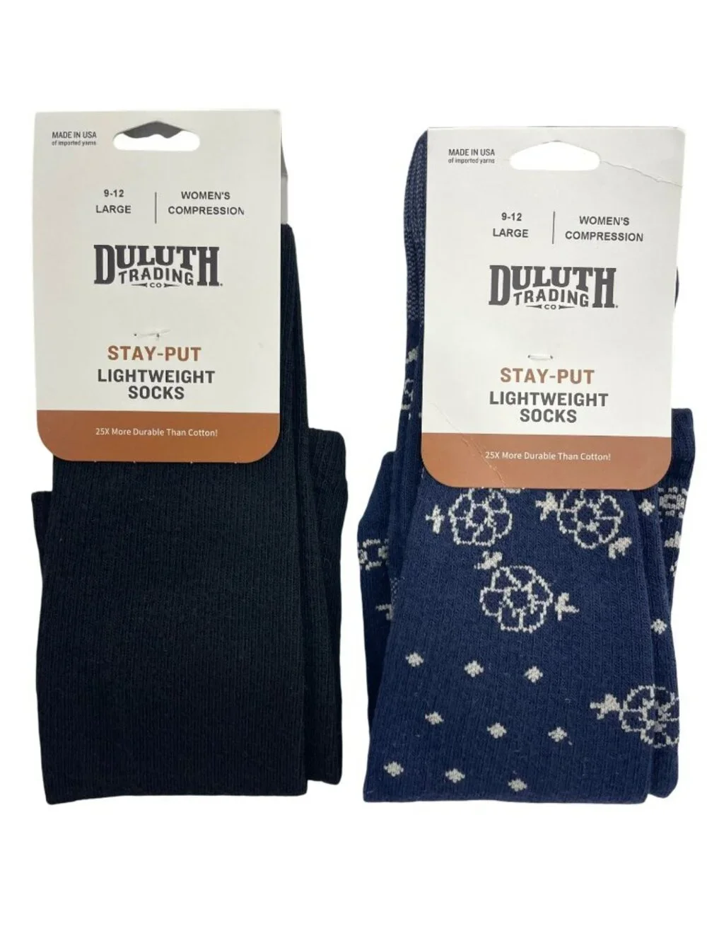 Duluth Trading Stay-Put Compression Socks Black Navy Bandana Women's Sz L (9-12)